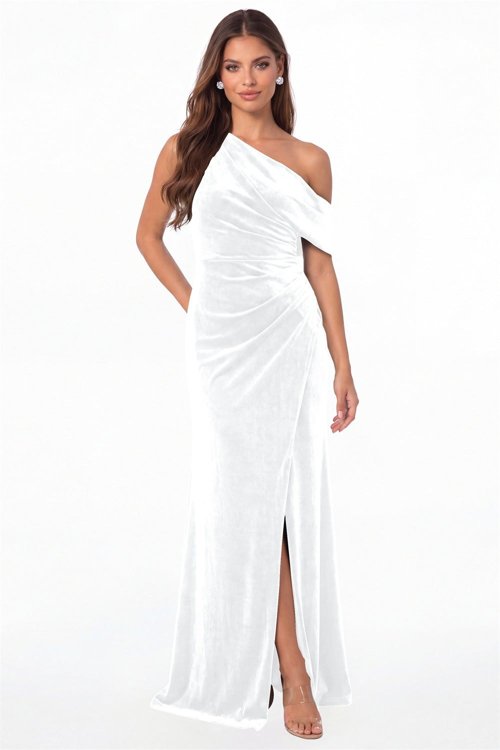 White One Shoulder Velvet Ruched Slit Maxi Gown - Front View