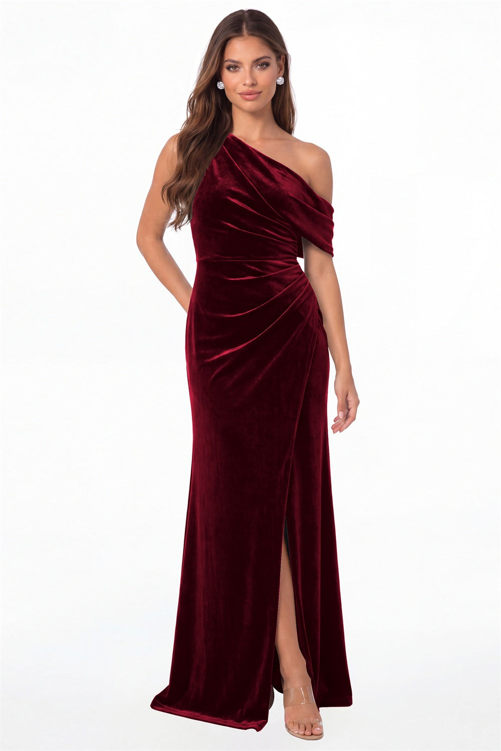 Wine Red One Shoulder Velvet Ruched Slit Maxi Gown - Front View