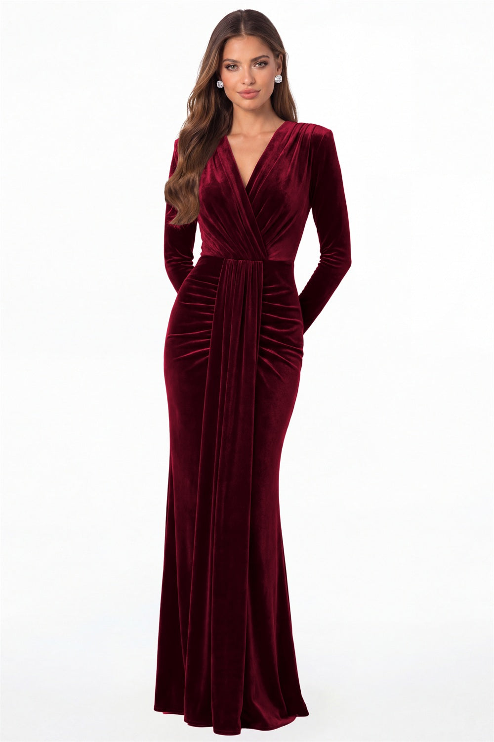 Wine Red V-Neck Long Sleeve Velvet Ruched Maxi Gown - Front View