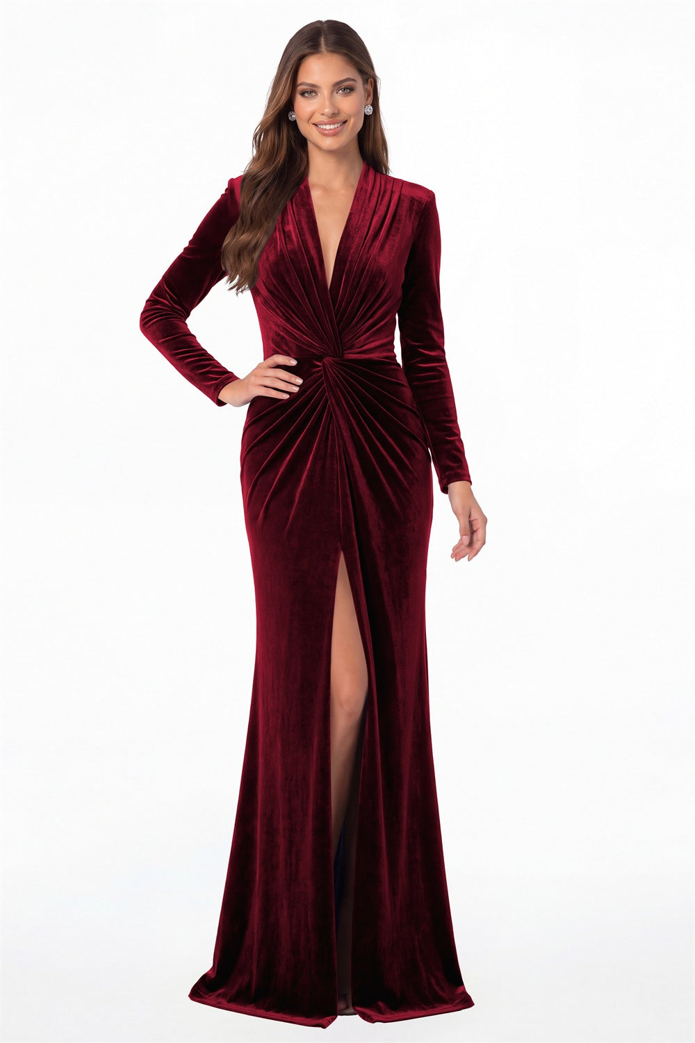 Wine Red V-Neck Long Sleeve Velvet Knot Ruched Slit Maxi Gown - Front View