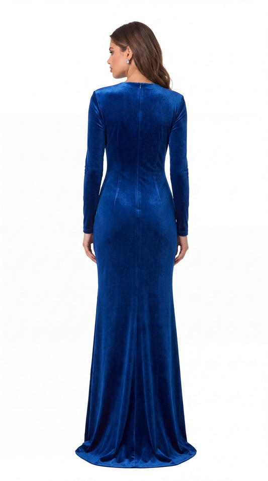 V-Neck Long Sleeve Velvet Knot Ruched Slit Maxi Gown - Back View
