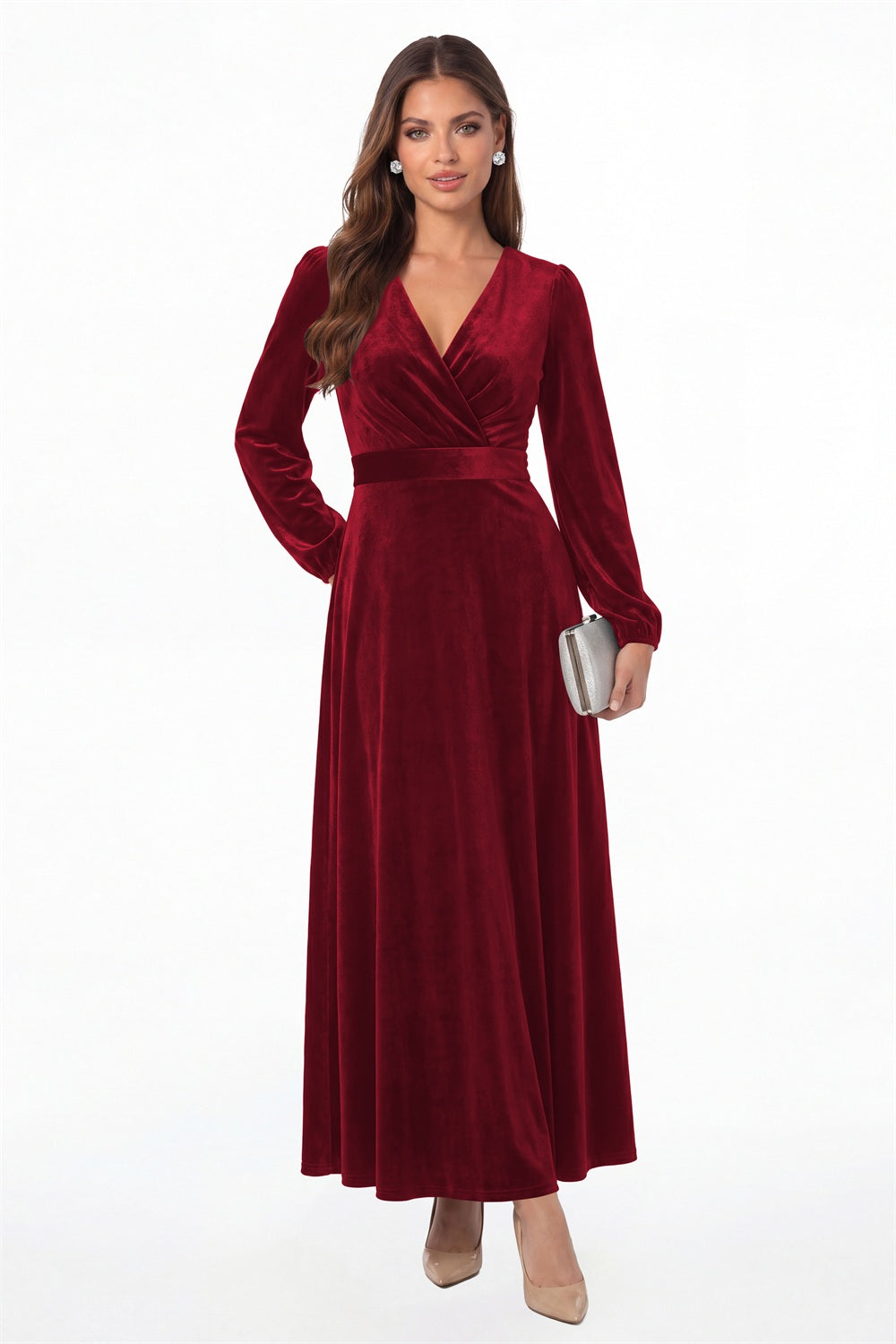 Wine Red V-Neck Long Sleeve Velvet A-Line Maxi Gown - Front View