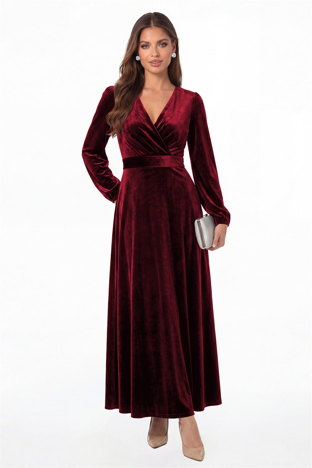 Wine Red V-Neck Long Sleeve Velvet A-Line Maxi Gown - Front View