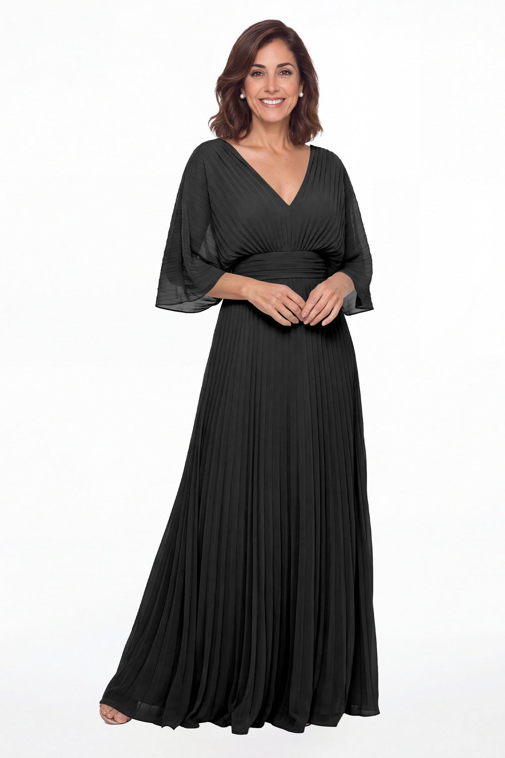 Black V Neck Flutter Sleeve Chiffon Maxi Gown - Front View
