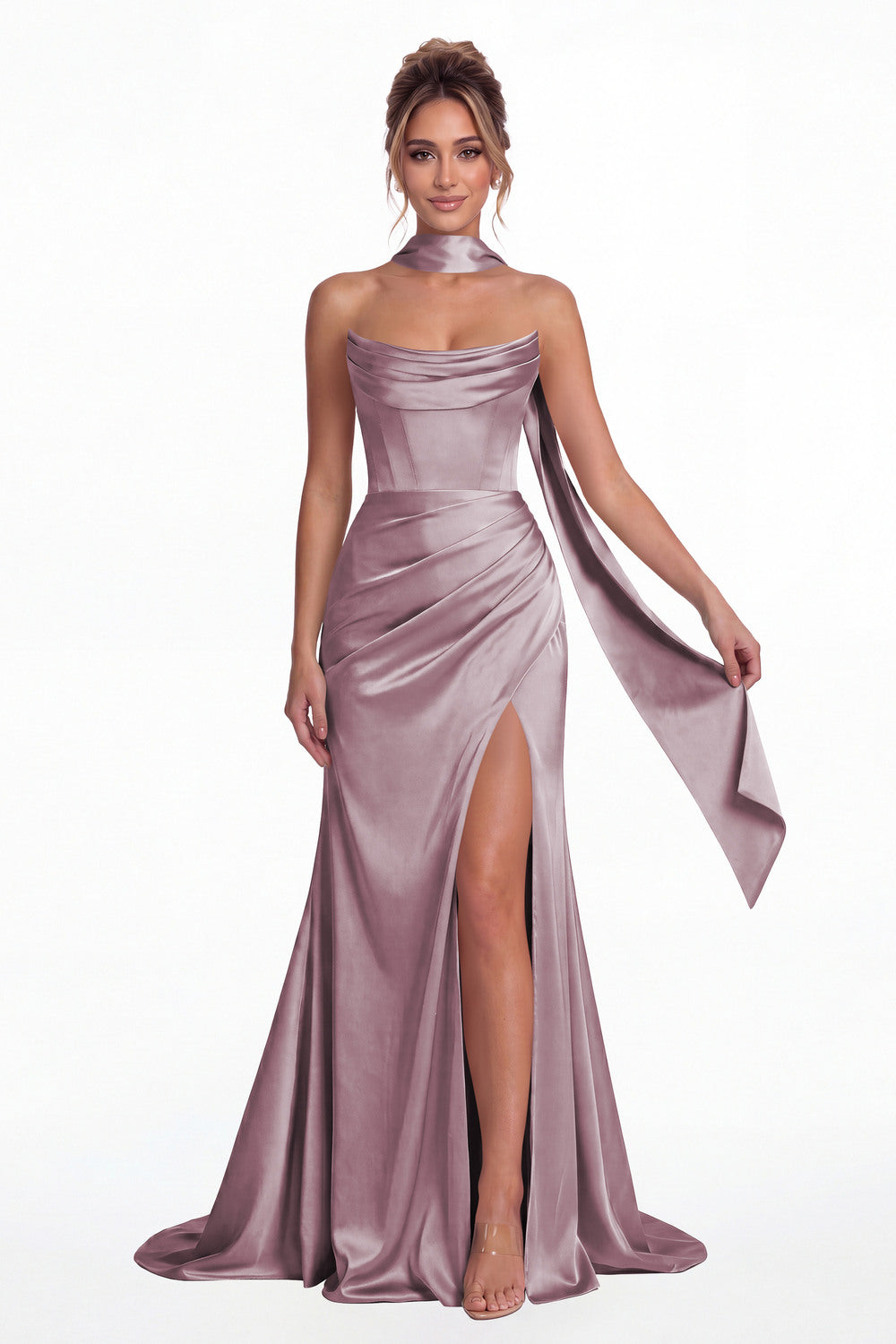 Wisteria Strapless Ruched Corset Satin Slit Maxi Gown - Front View