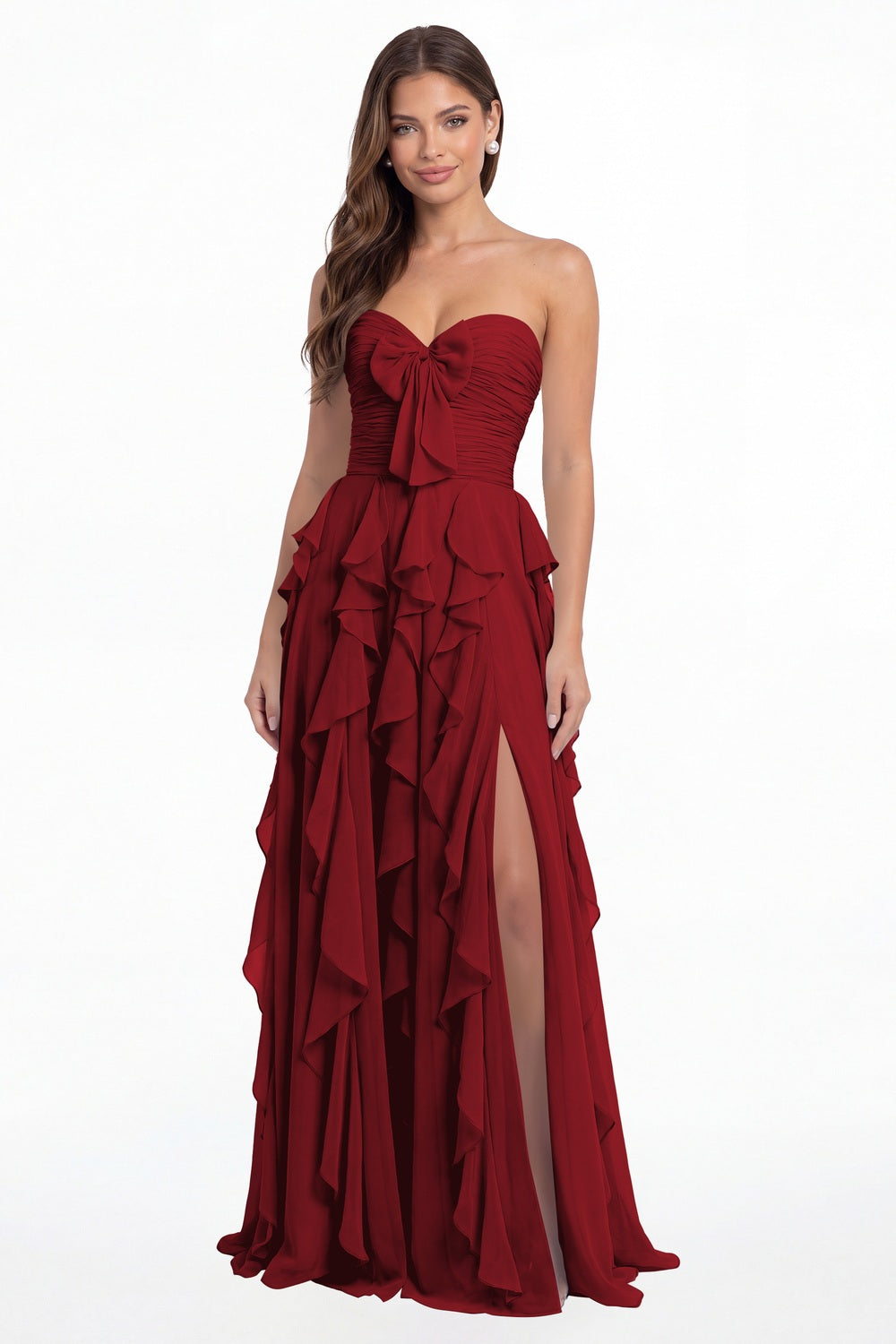 Wine Red Strapless Ruffle Chiffon Slit Maxi Gown - Front View