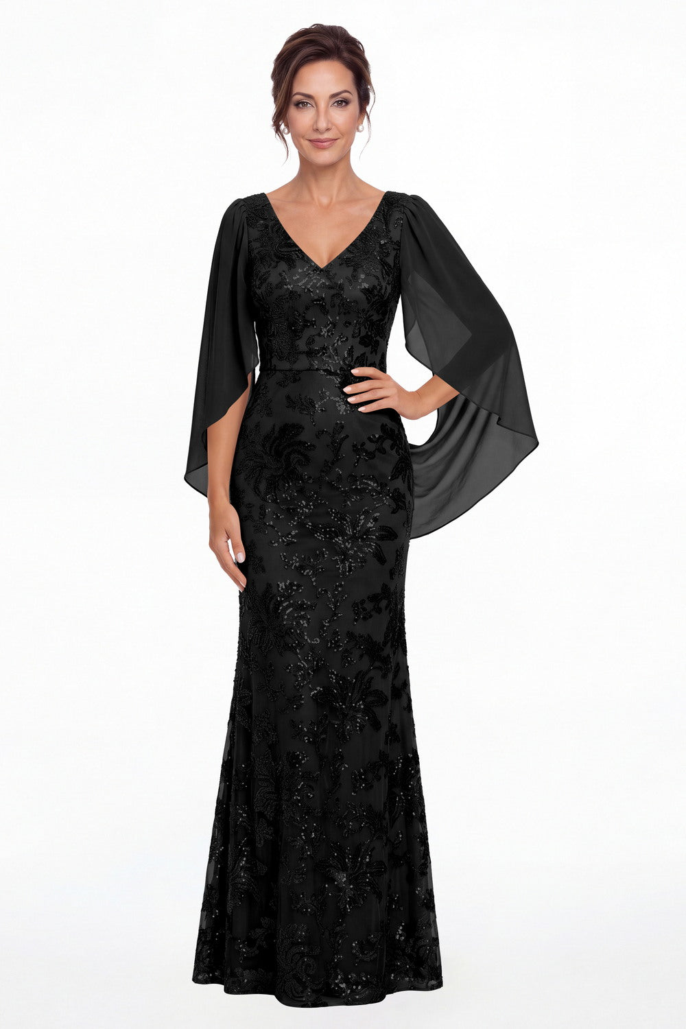 Black V Neck Cape Sleeve Sequin Chiffon Maxi Gown - Front View