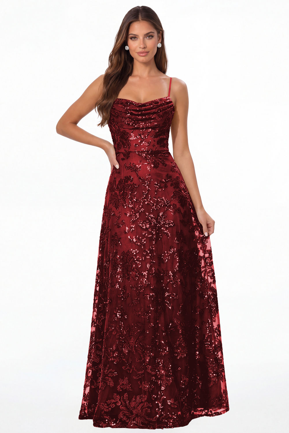 Wine Red Sequin Cowl Neck A-Line Prom Gown - Front View