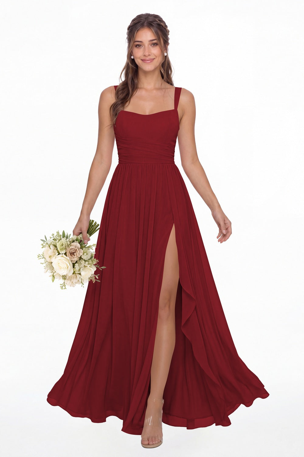 Wine Red Square Neck Ruched Chiffon Slit Maxi Gown - Front View