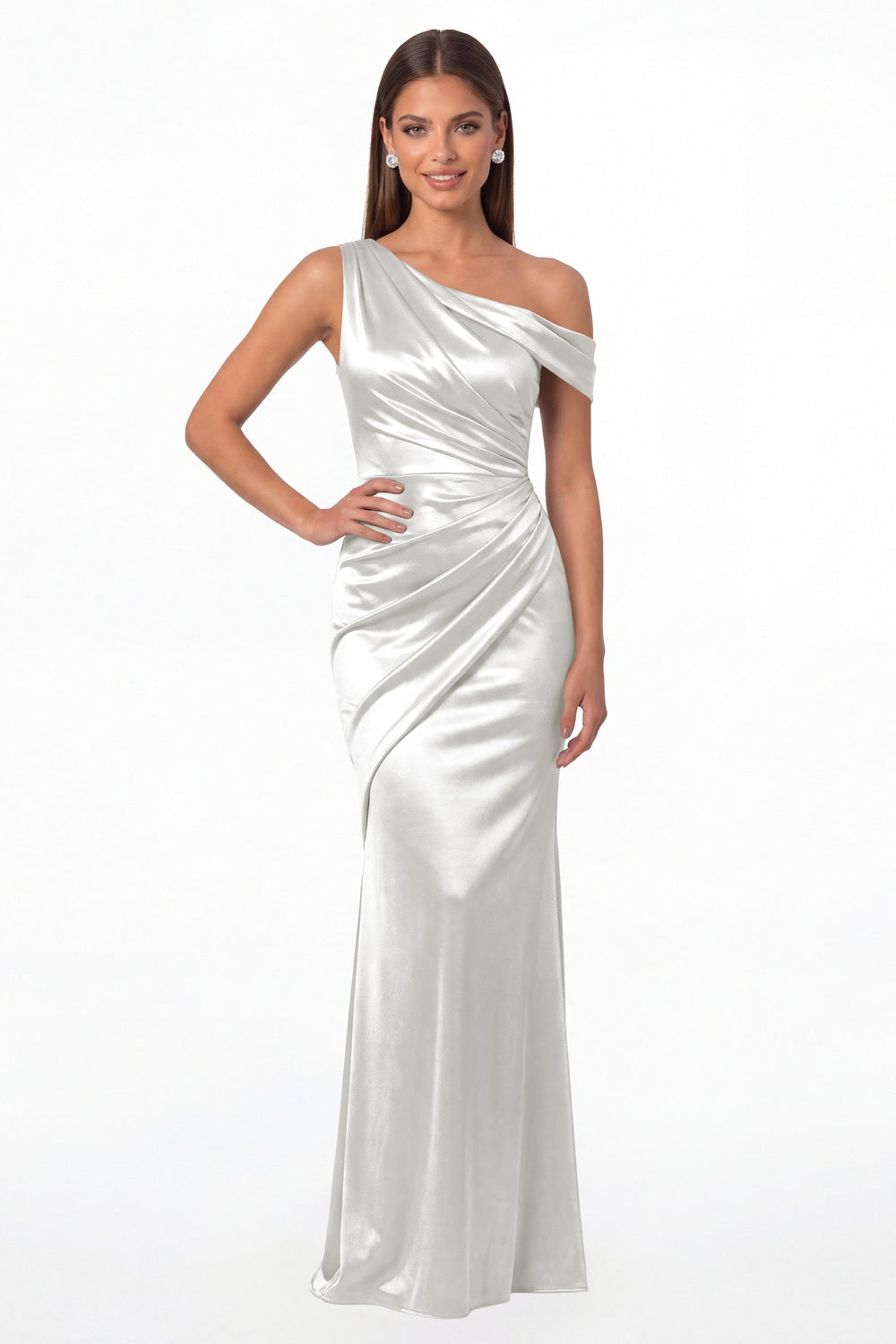 White One Shoulder Ruched Satin Mermaid Maxi Gown - Front View
