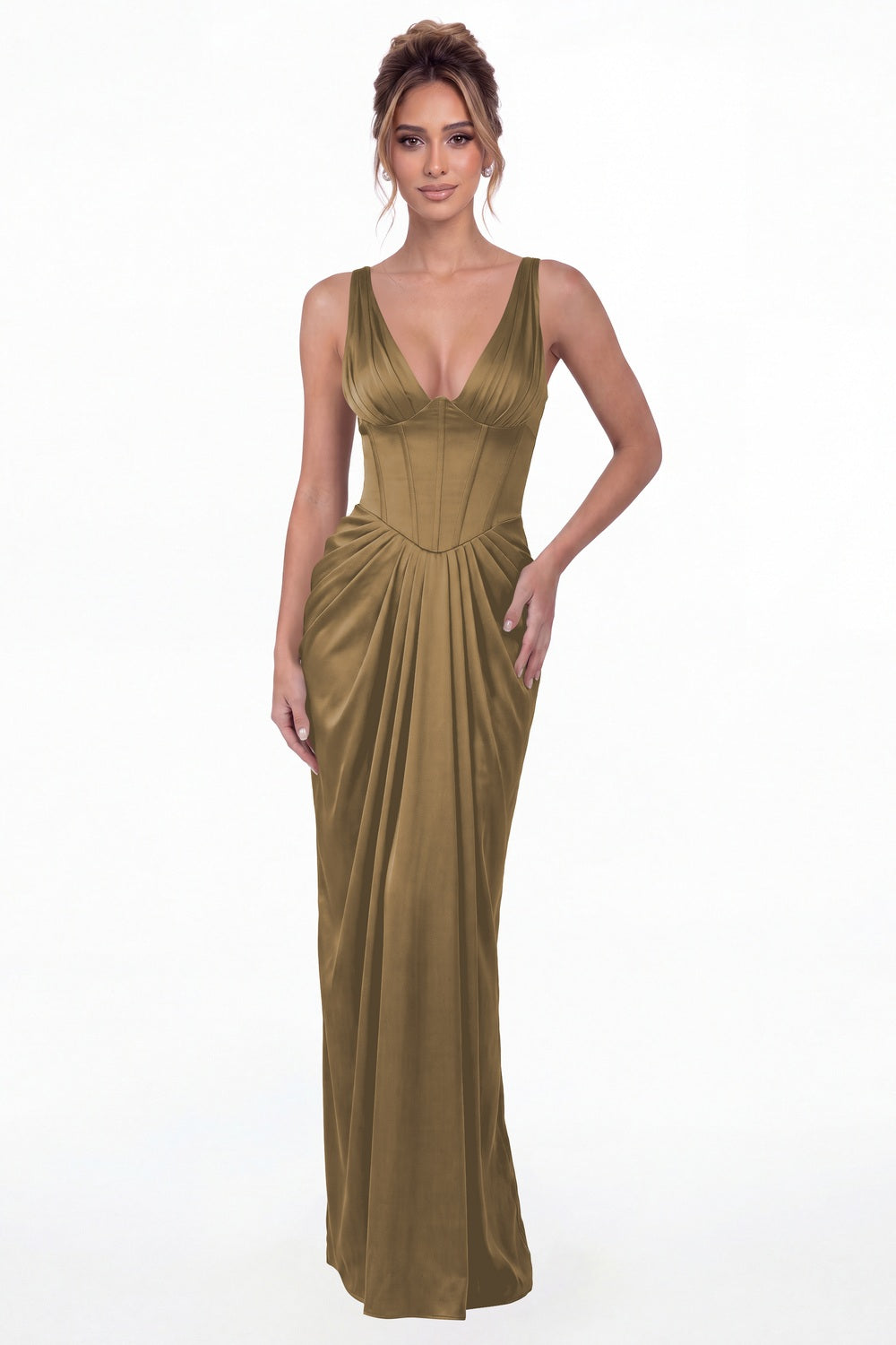 Taupe V Neck Ruched Satin Maxi Dress - Front View