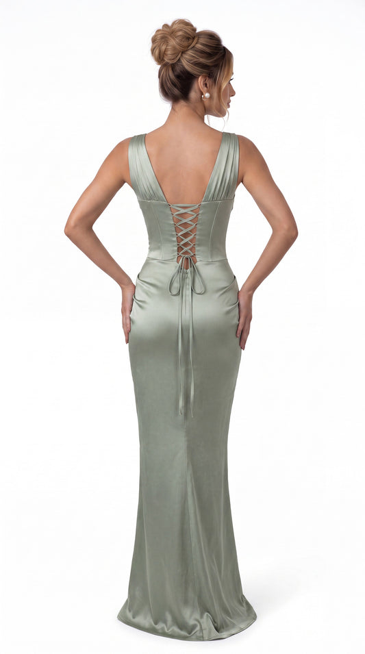 V Neck Ruched Satin Maxi Dress - Back View
