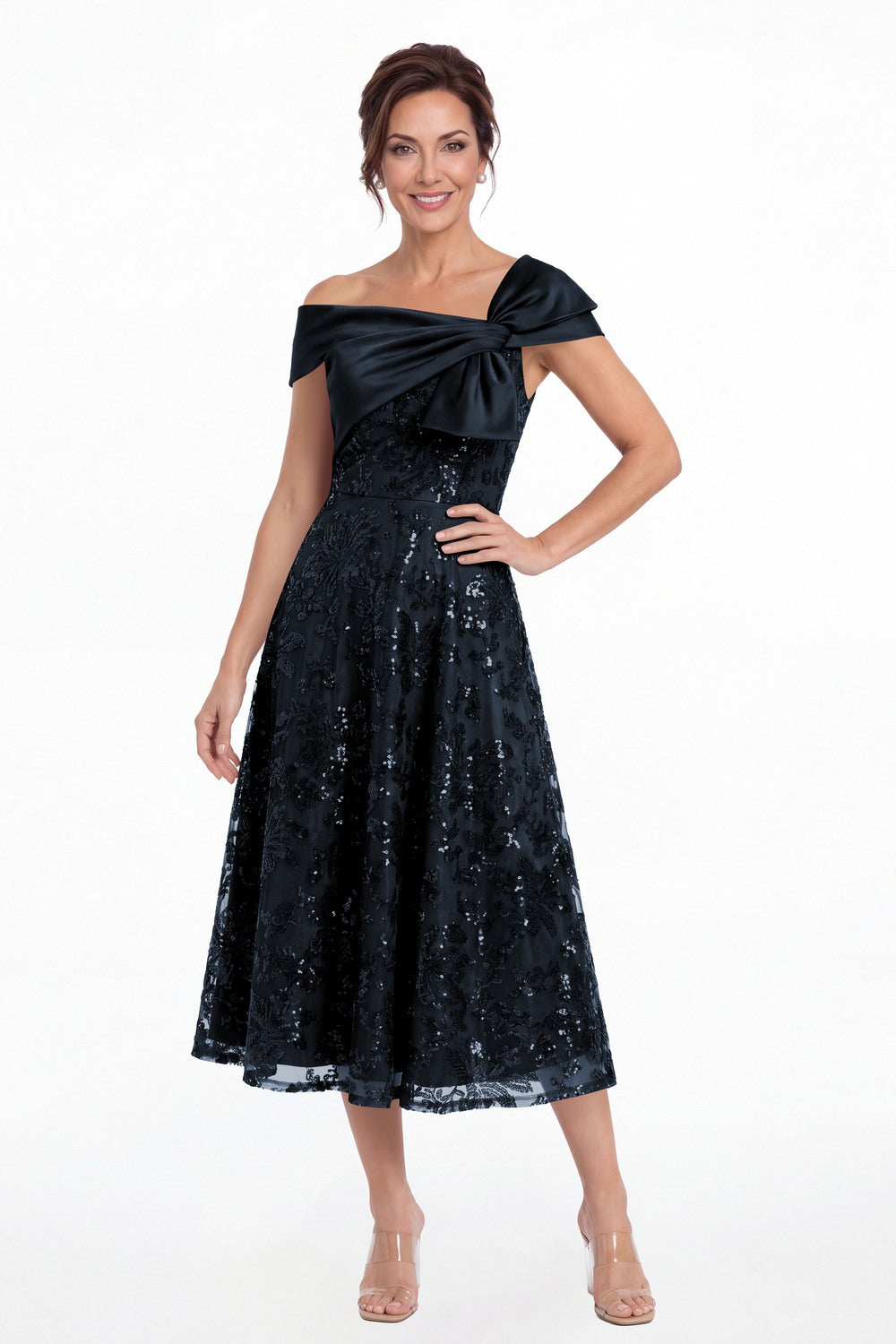 Navy Blue Off Shoulder Bow Sequin A-Line Midi Dress - Front View