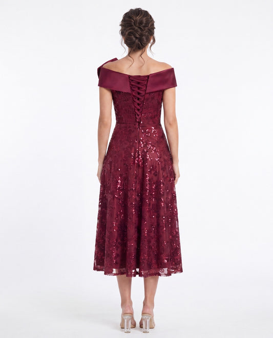 Off Shoulder Bow Sequin A-Line Midi Dress - Back View