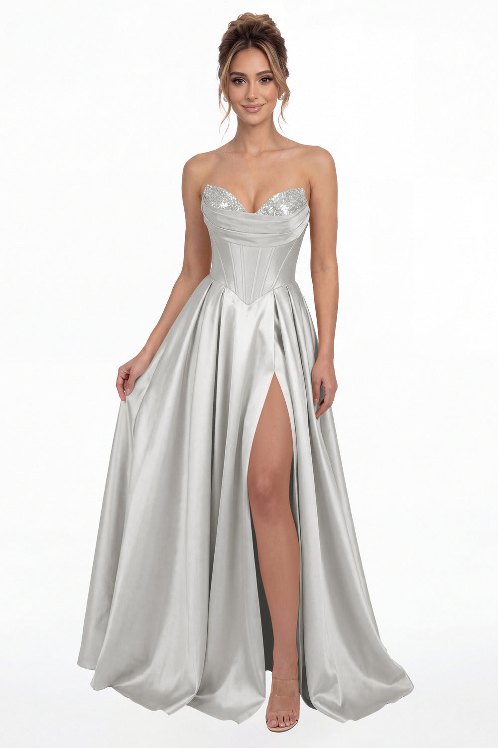 Silver Strapless Sequin Corset Satin Slit Prom Gown - Front View
