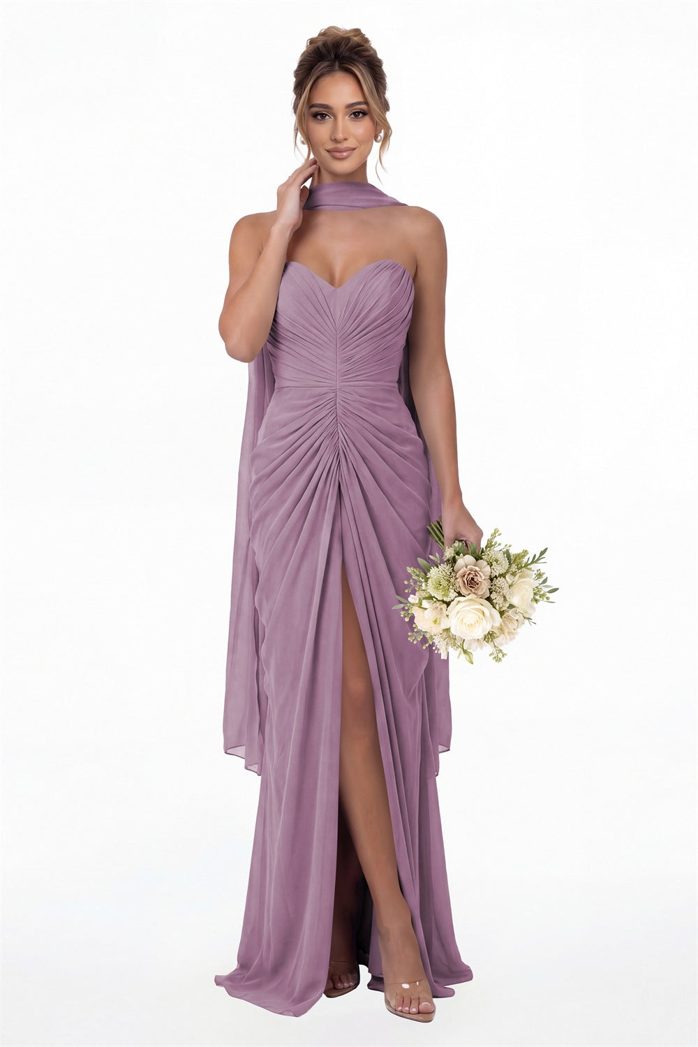 Wisteria Strapless Ruched Chiffon Slit Maxi Gown - Front View