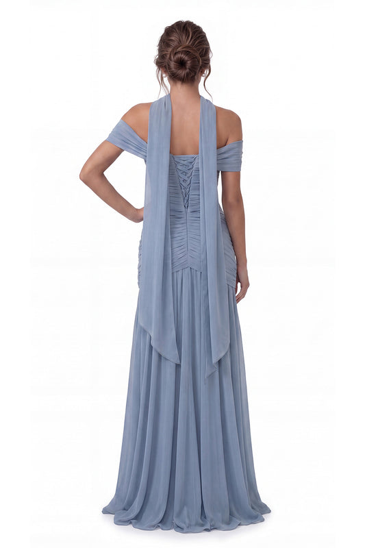Aqua Blue Off Shoulder Ruched Chiffon Slit Maxi Gown - Front View