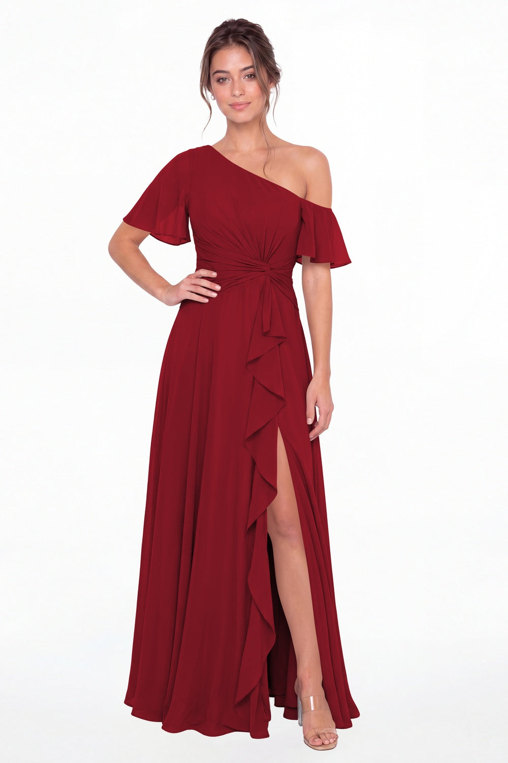 Wine Red One Shoulder Flutter Sleeve Chiffon Slit Maxi Gown - Front View