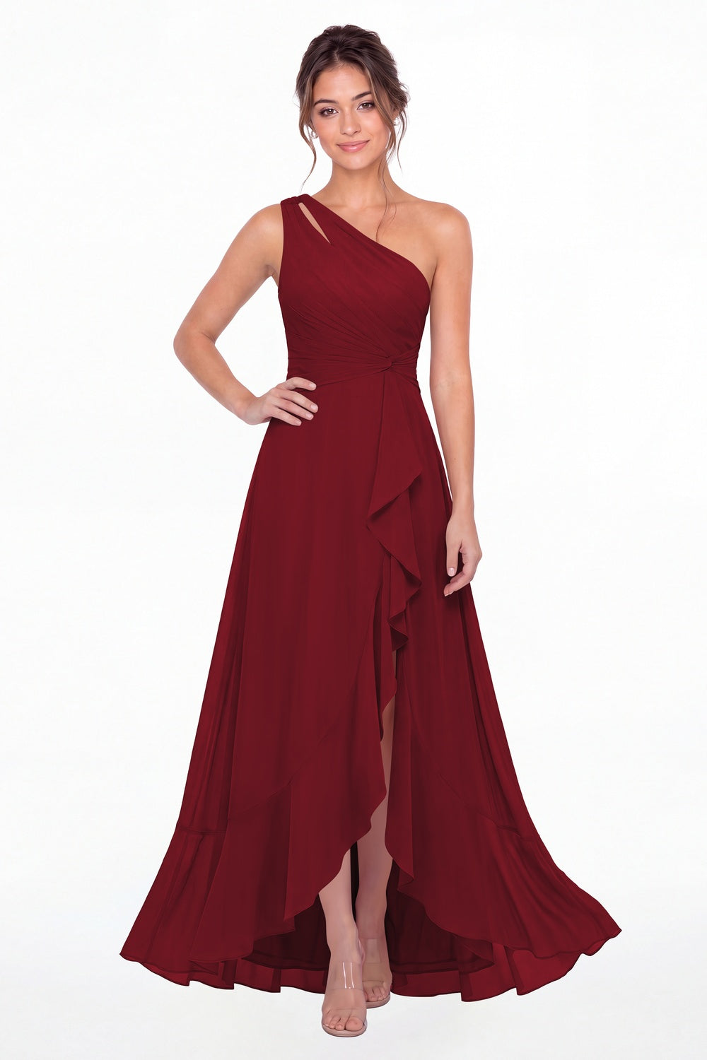 Wine Red One Shoulder Ruched Chiffon Ruffle Slit Maxi Gown - Front View