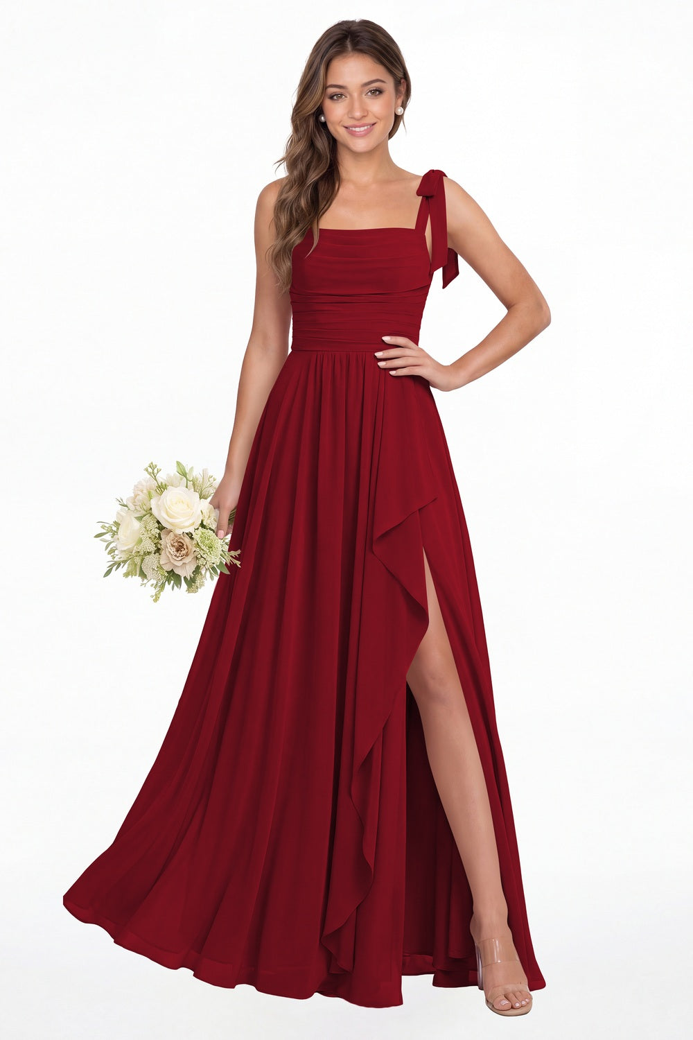 Wine Red Square Neck Tie Strap Ruched Chiffon Ruffle Slit Maxi Gown - Front View