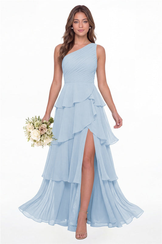 INEWER One Shoulder Ruched Tiered Ruffle Chiffon Slit Maxi Gown - BABY BLUE Front View