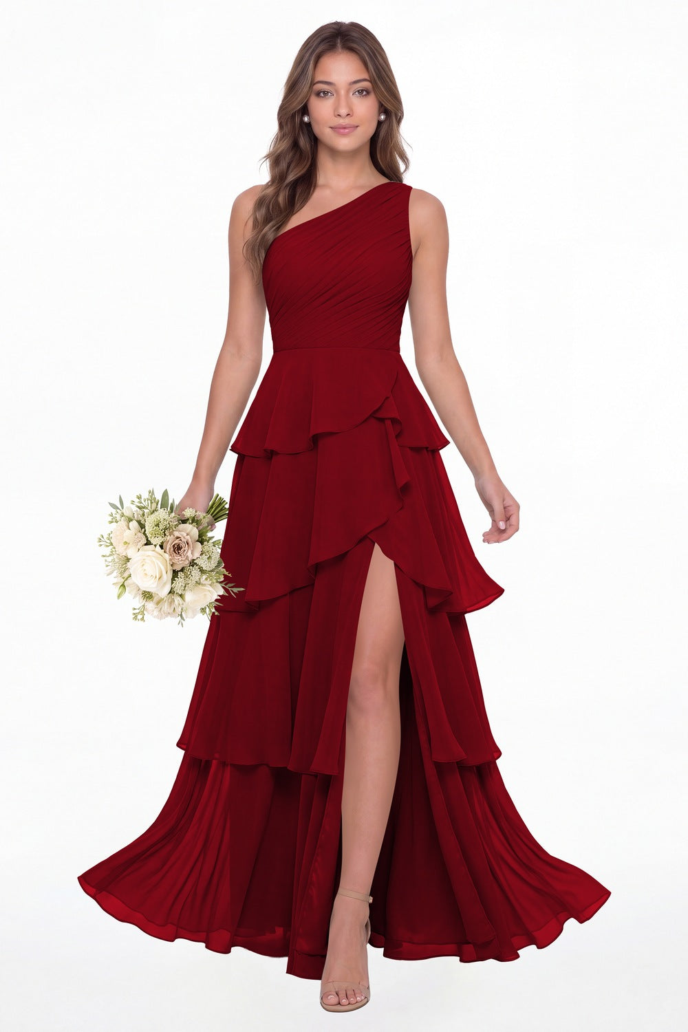 Wine Red One Shoulder Ruched Tiered Ruffle Chiffon Slit Maxi Gown - Front View