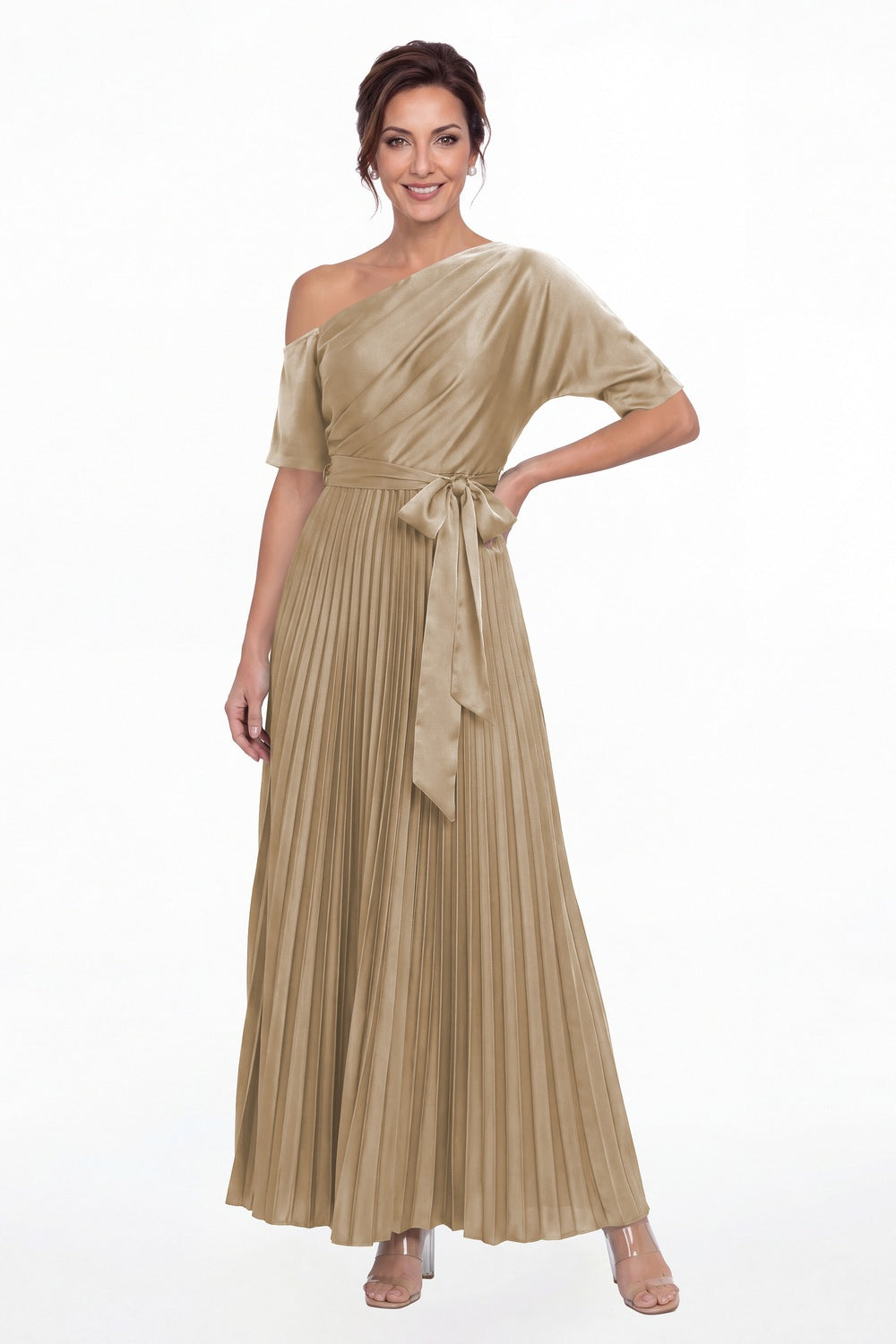 Taupe One Shoulder Pleated Satin A-Line Maxi Gown - Front View