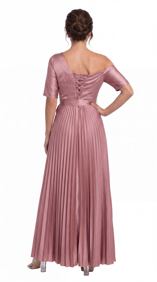 Black One Shoulder Pleated Satin A-Line Maxi Gown - Front View