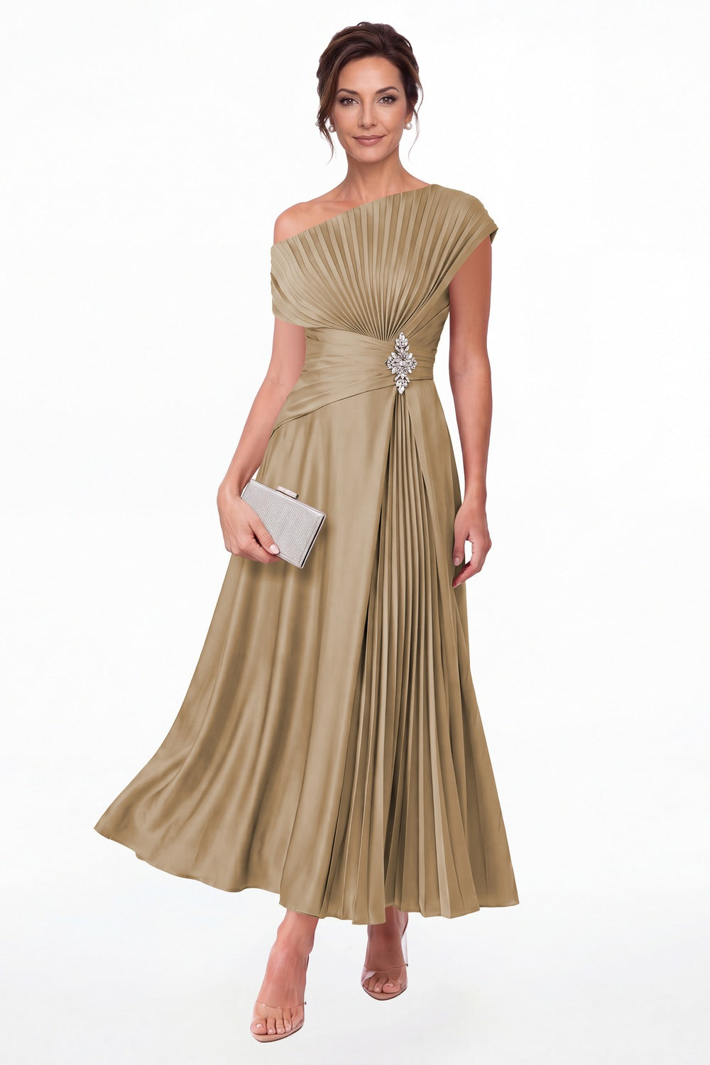 Taupe One Shoulder Pleated Satin Ankle-Length Dress - Front View