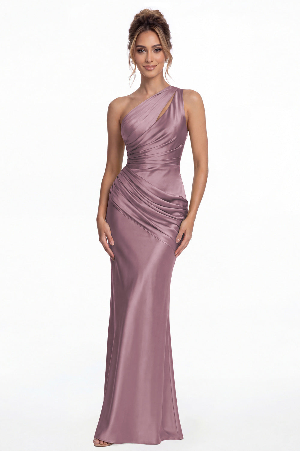 Wisteria One Shoulder Ruched Satin Mermaid Maxi Gown - Front View