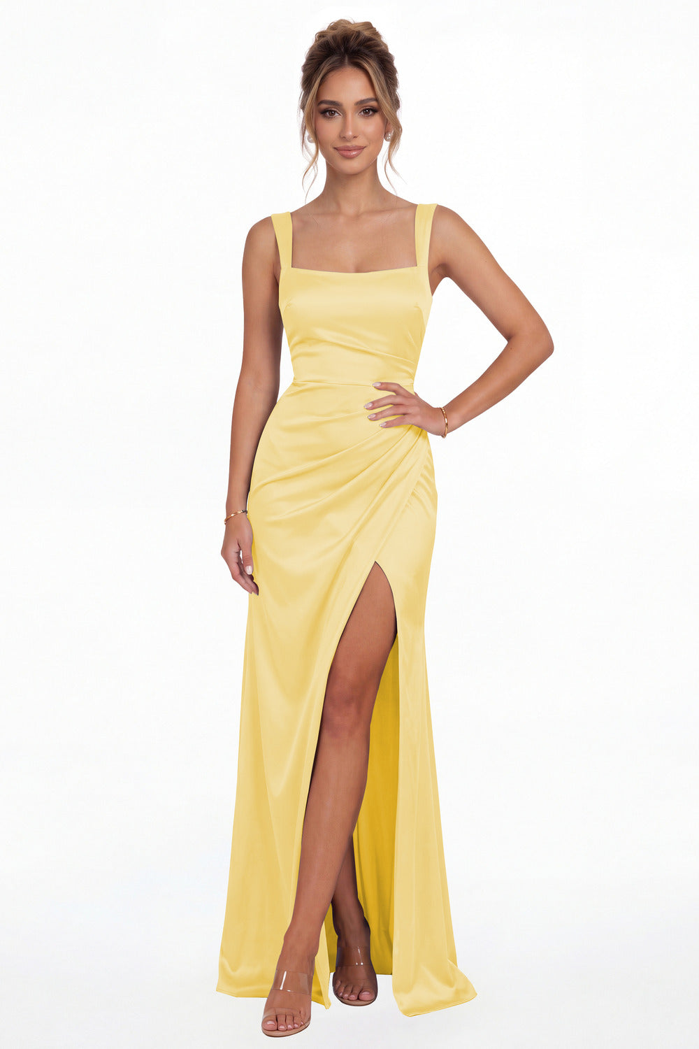 Yellow Square Neck Ruched Satin Slit Maxi Gown - Front View