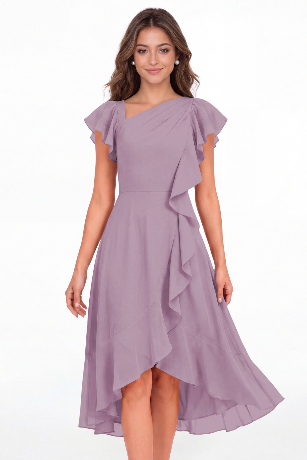 Wisteria Asymmetric Chiffon Ruffle Midi Dress - Front View