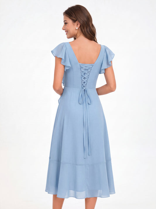 Asymmetric Chiffon Ruffle Midi Dress - Back View