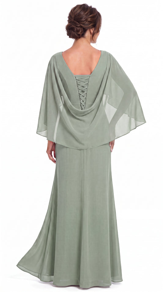 Cape Sleeve Ruched Chiffon Slit Maxi Gown - Back View