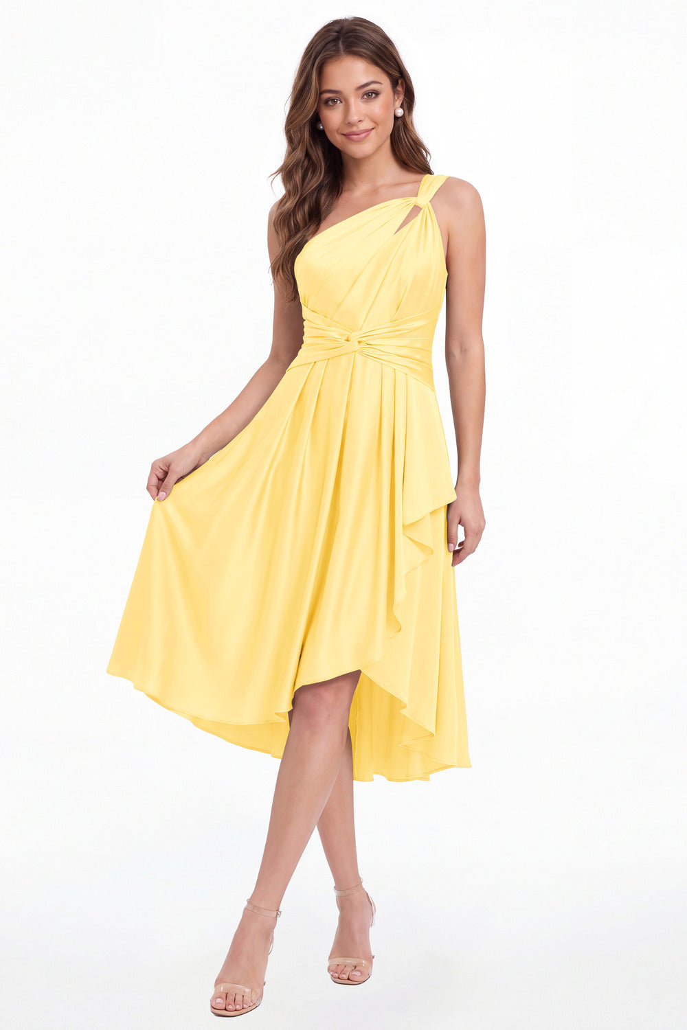 Yellow One Shoulder Satin Ruched Midi Dress - Front View
