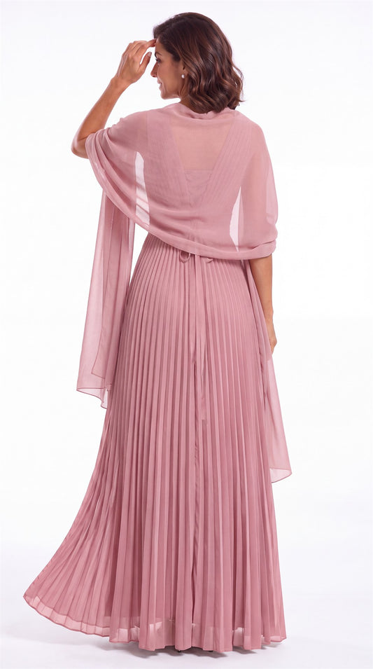 V Neck Pleated Chiffon Slit Maxi Gown - Back View