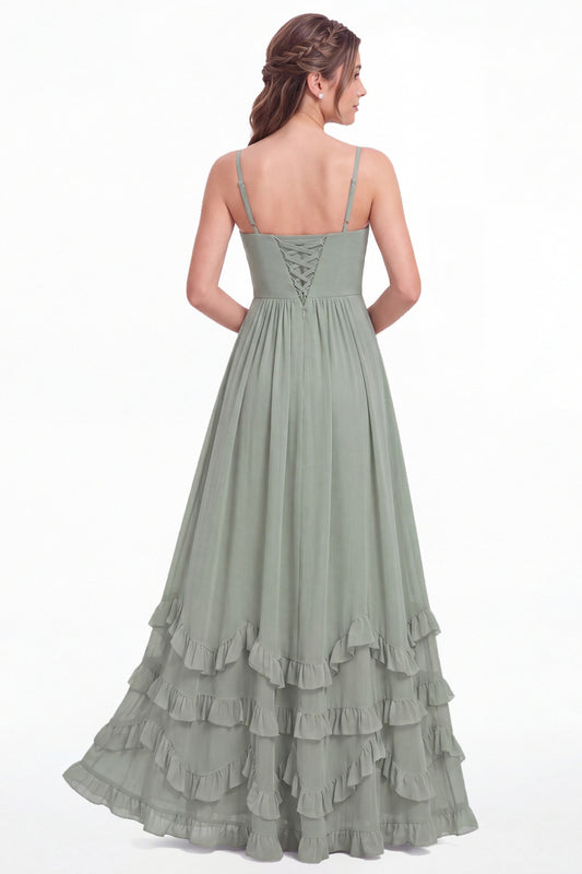 Sage Green Spaghetti Strap Tiered Ruffle Chiffon Maxi Dress - Front View