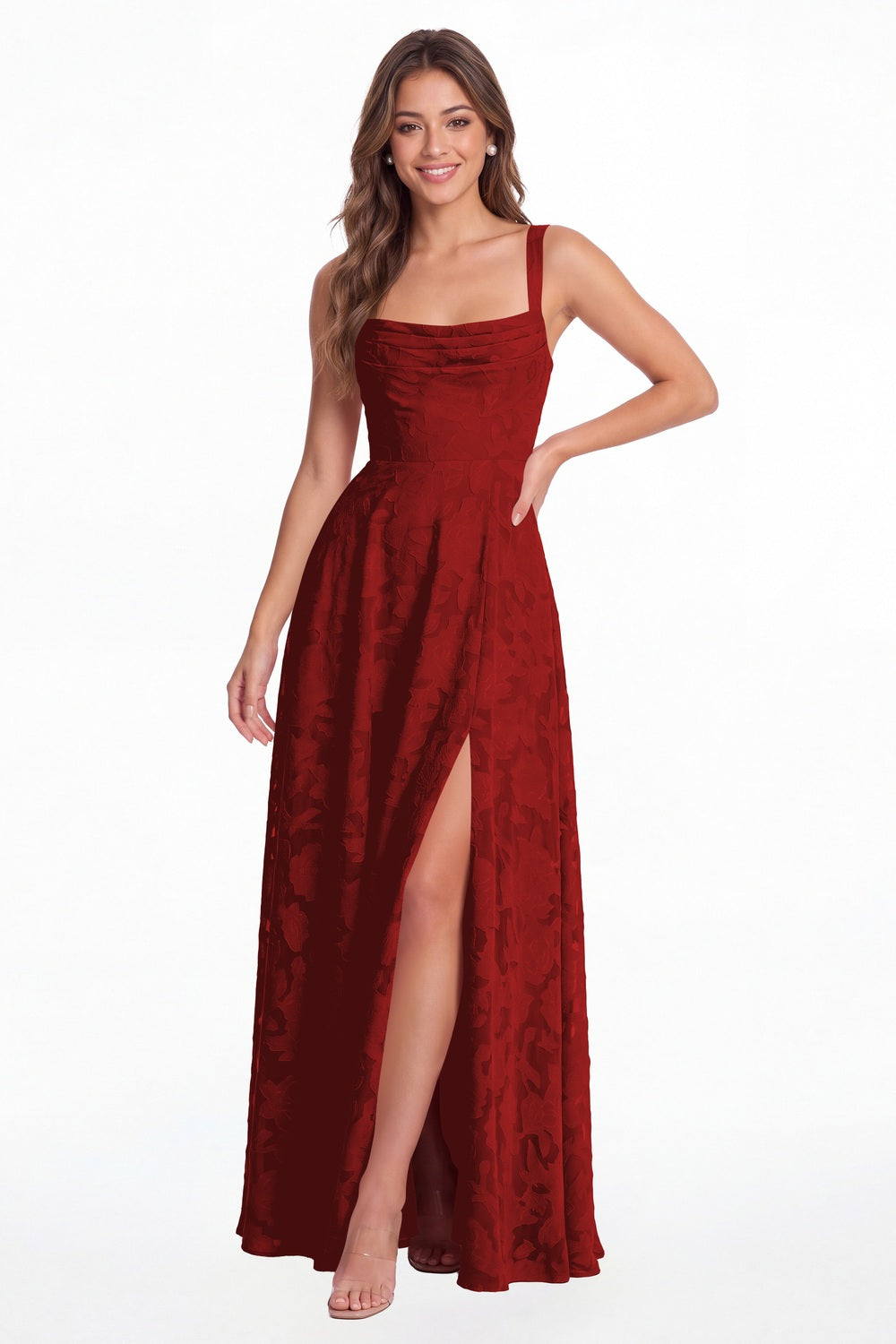 Wine Red Floral Burnout Square Neck A-Line Slit Maxi Gown - Front View