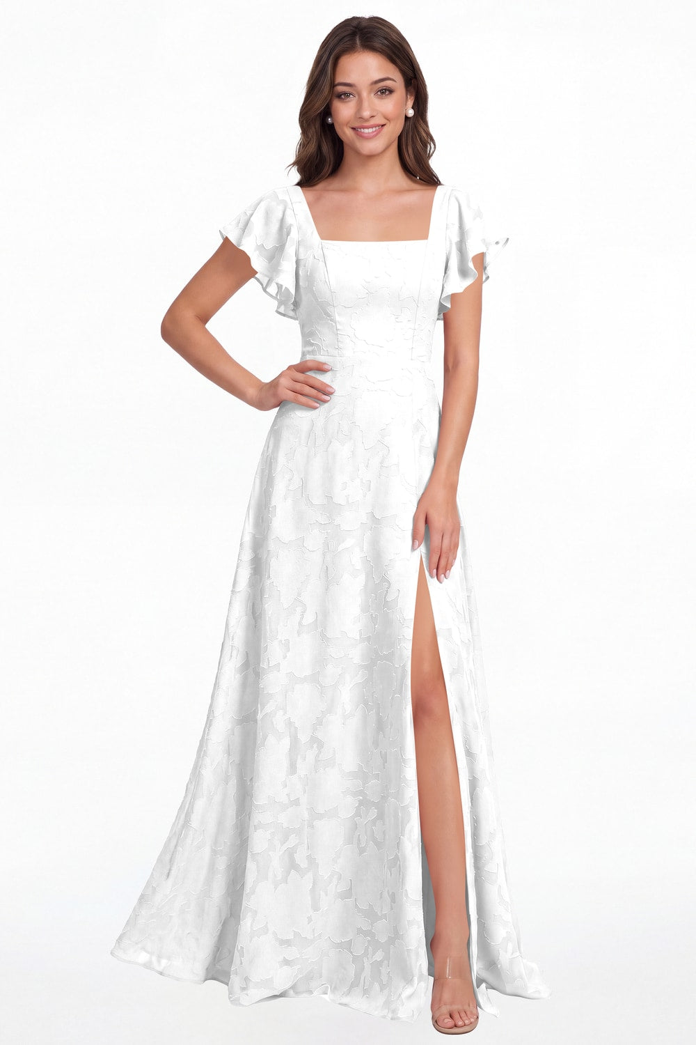 White Square Neck Floral Burnout Slit Maxi Gown - Front View