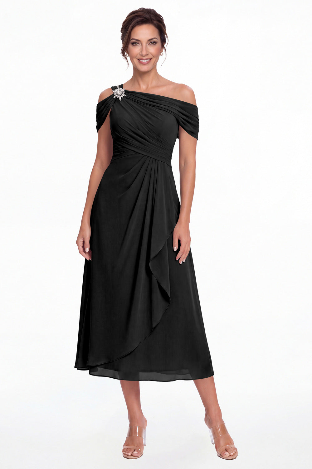 Black One Shoulder Draped Chiffon Midi Dress - Front View
