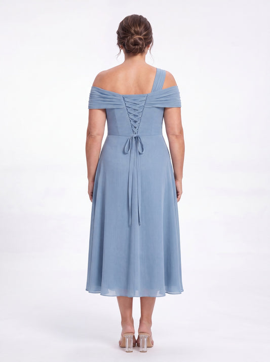 One Shoulder Draped Chiffon Midi Dress - Back View