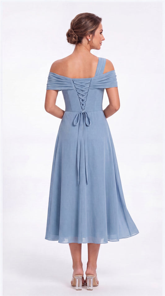 One Shoulder Draped Chiffon Midi Dress - Back View
