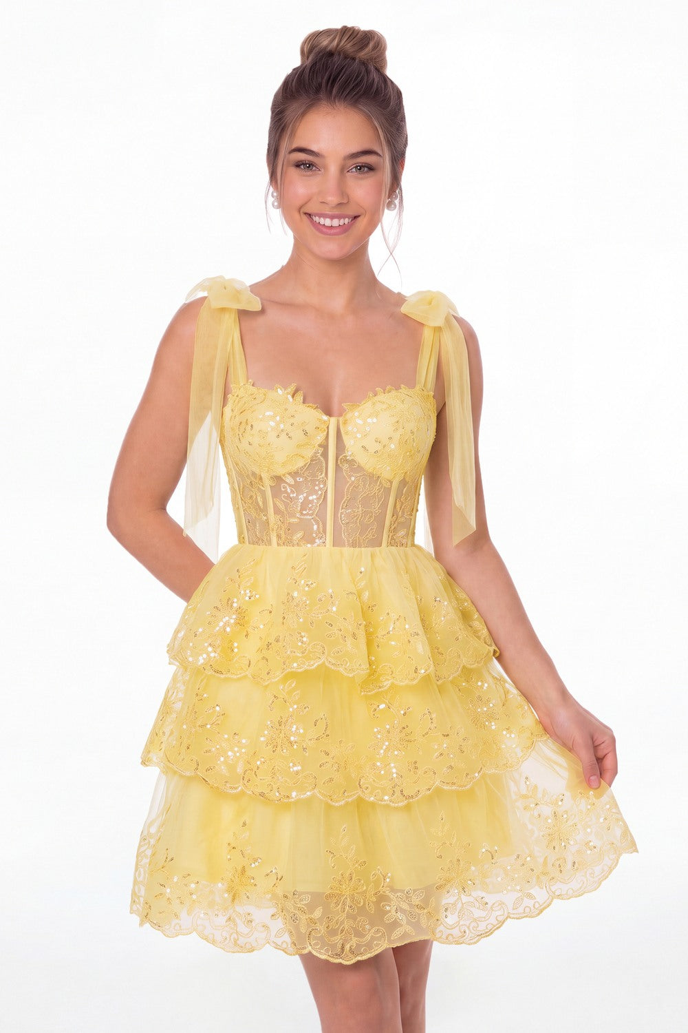 Yellow Tiered Bow Tulle Lace Mini Homecoming Dress - Front View