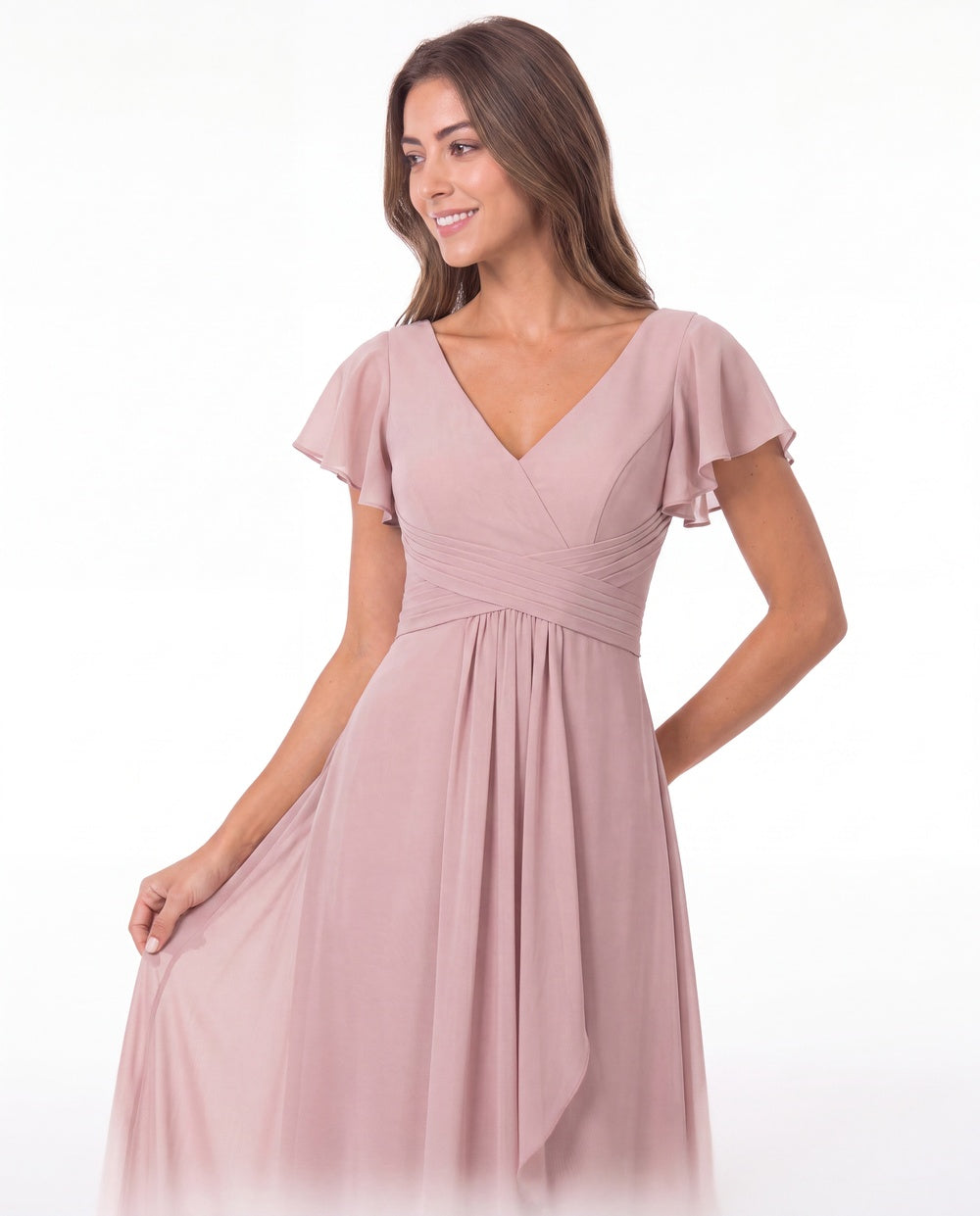 V-Neck Flutter Sleeve Chiffon Ruffle Maxi Gown - Detail View 4
