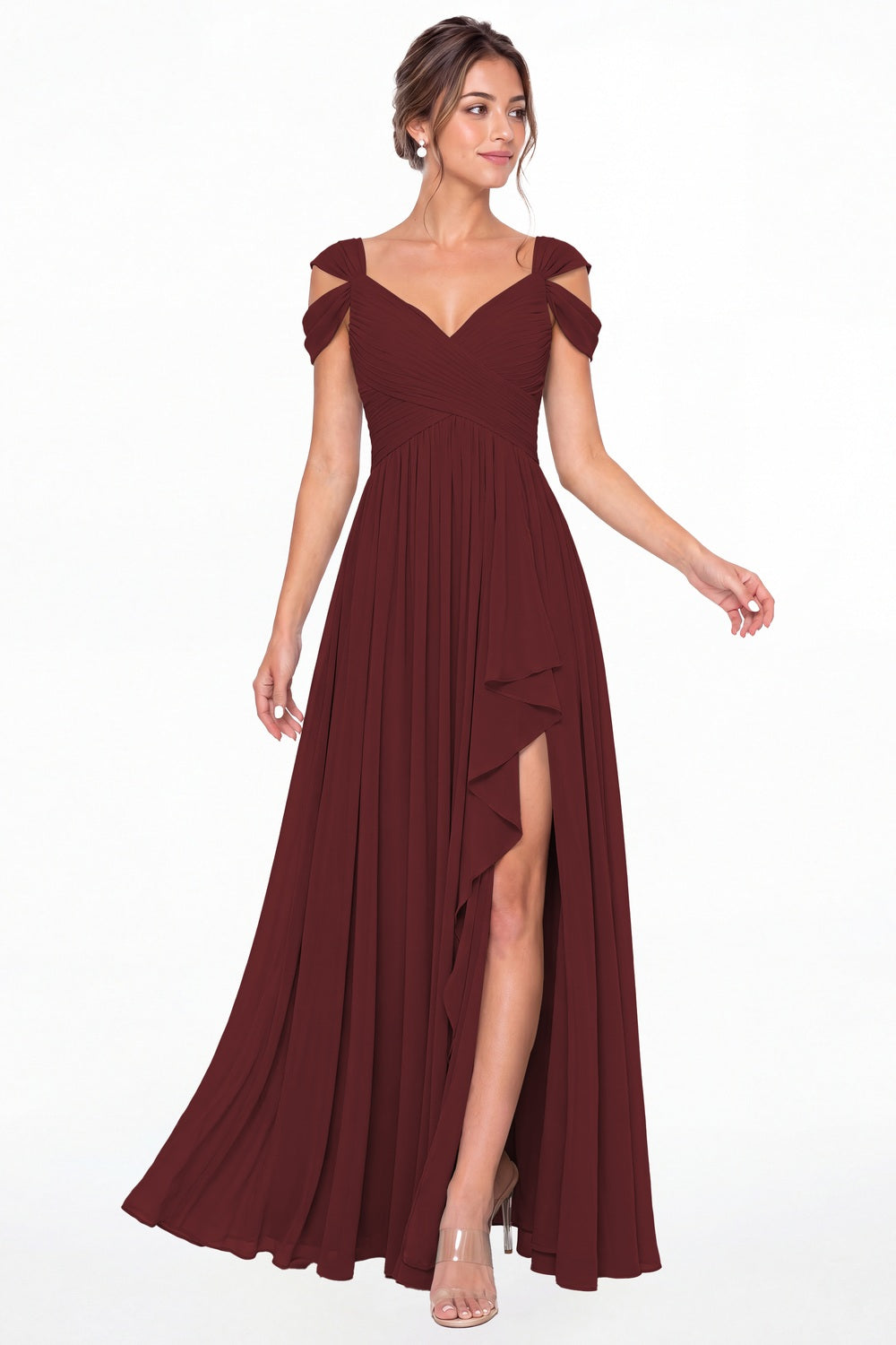 Wine Red V Neck Chiffon Ruched Ruffle Slit Bridesmaid Dress - Front View