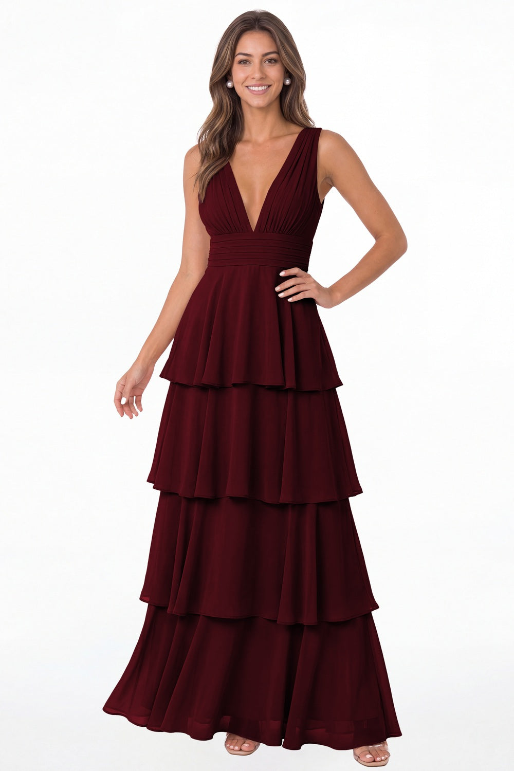 Wine Red V Neck Tiered Chiffon Maxi Bridesmaid Dress - Front View