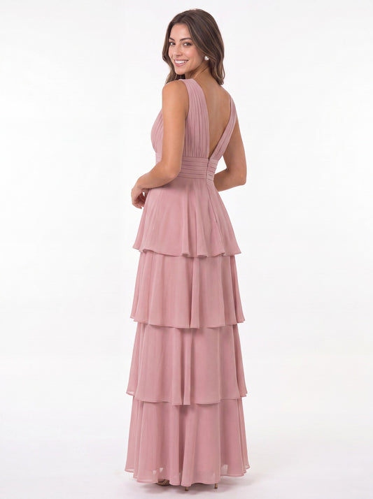Aqua Blue V Neck Tiered Chiffon Maxi Bridesmaid Dress - Front View