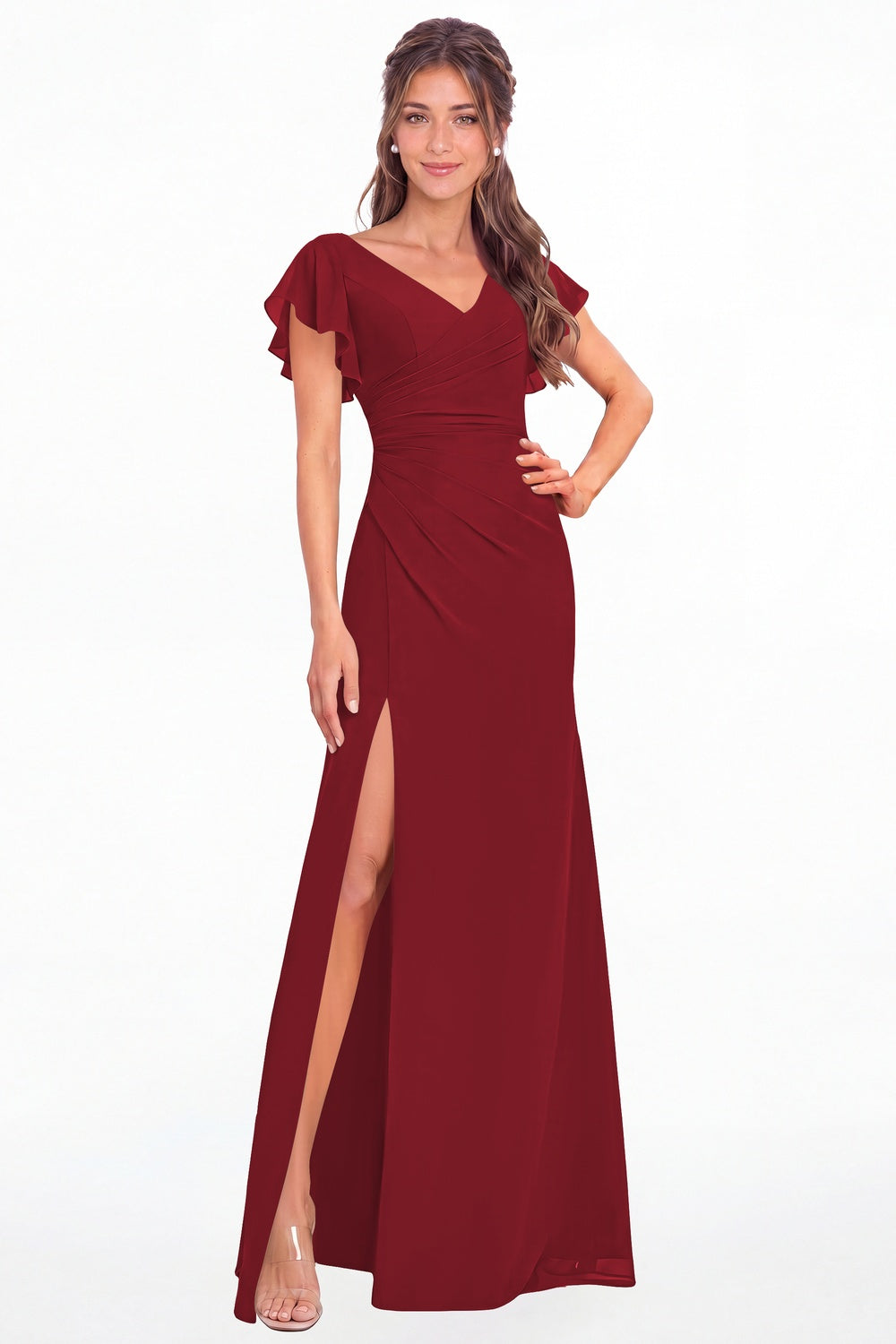 Wine Red V Neck Chiffon Flutter Sleeve Slit Bridesmaid Dress - Front View