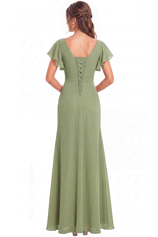 Aqua Blue V Neck Chiffon Flutter Sleeve Slit Bridesmaid Dress - Front View