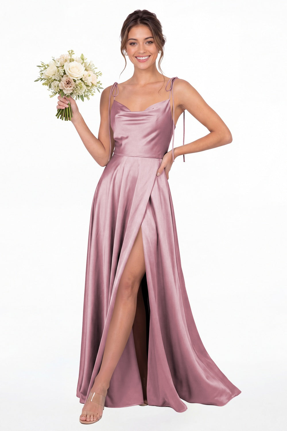 Wisteria Cowl Neck Satin Slit Bridesmaid Maxi Dress - Front View